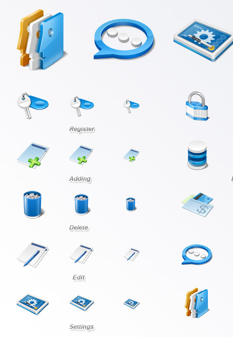 Application Icon Set contains Register, Users, Settings, DB, Login, Logout, 